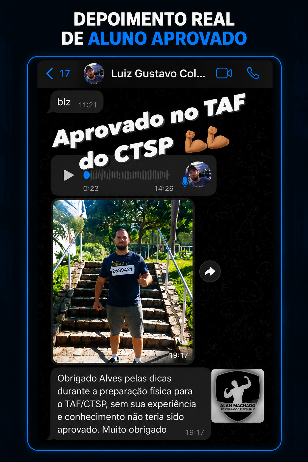 Depoimento de aluno após preparação para o teste físico